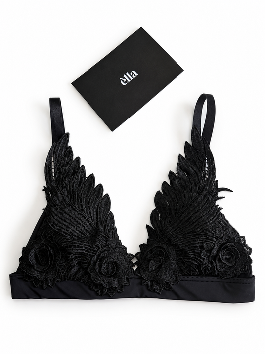 Reggiseno triangolare nero con ricami floreali in tulle e cuciture a mano, senza ferretto, spalline regolabili, ideale sotto blazer o camicie