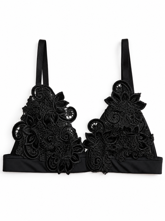 Reggiseno triangolare in tulle nero con spalline regolabili, senza imbottitura, fascia elasticizzata, dettagli floreali ricamati, Made in Italy.